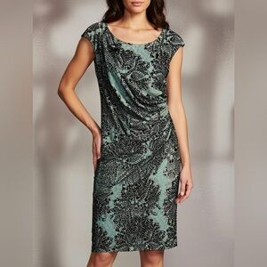 Elegant Green and Black Floral Dress Connected Apparel Stretchy Faux Wrap Easter